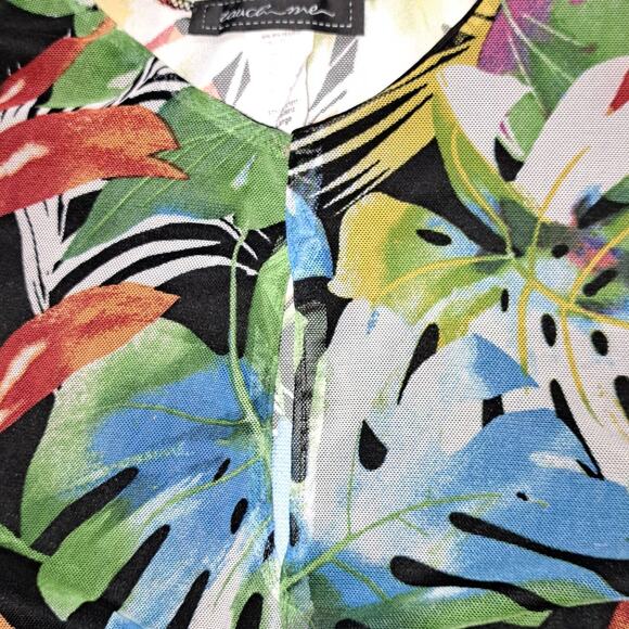 Touch Me sheer Multicolor Leaf pattern 1/2 Sleeve Ruched  Puff sleeve V-Neck LG - Picture 4 of 11